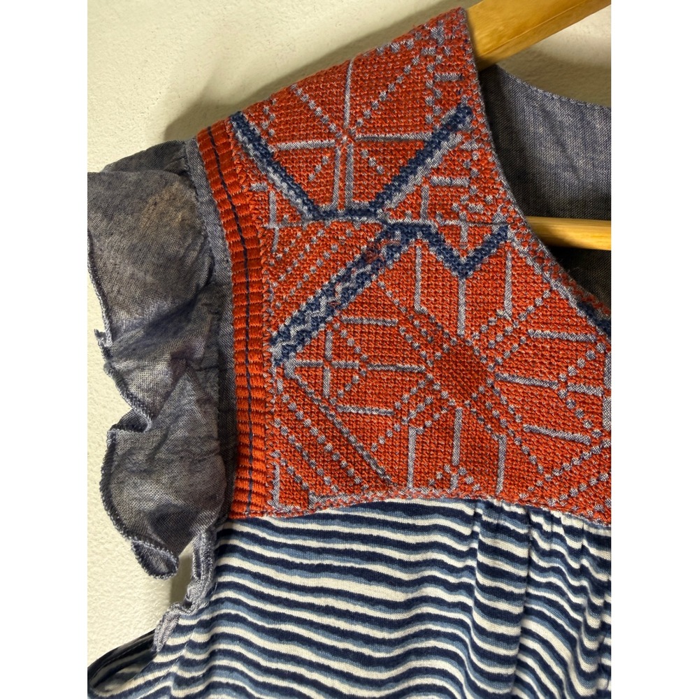 THML Embroidered Top Blue stripe and Rust sleeveless v neck large - Picture 4 of 5